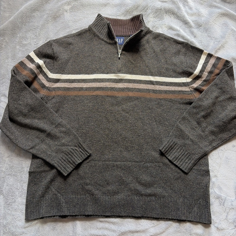 Vintage Gap Sweater Mens XL Brown Lambswool Wool Quarter Zip Pullover Stripe
